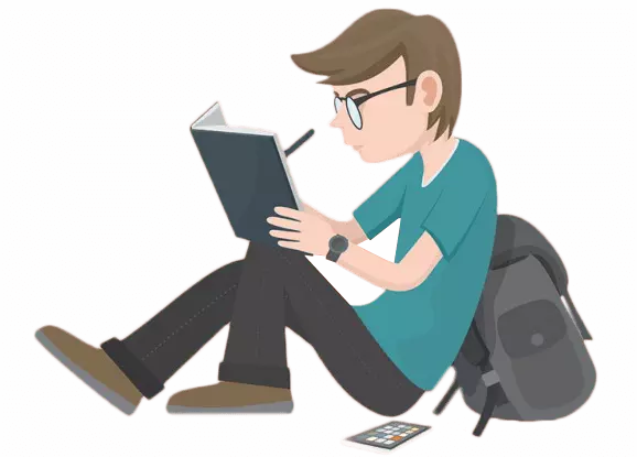 student studying a book with an iPad close